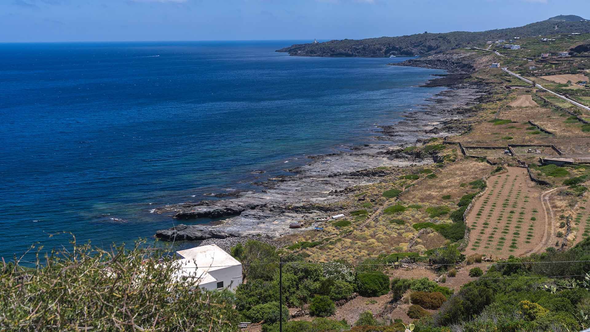 Lunga costa frastagliata con scogli neri e macchia mediterranea, vista dall’alto; in primo piano campi coltivati e una piccola casa bianca.