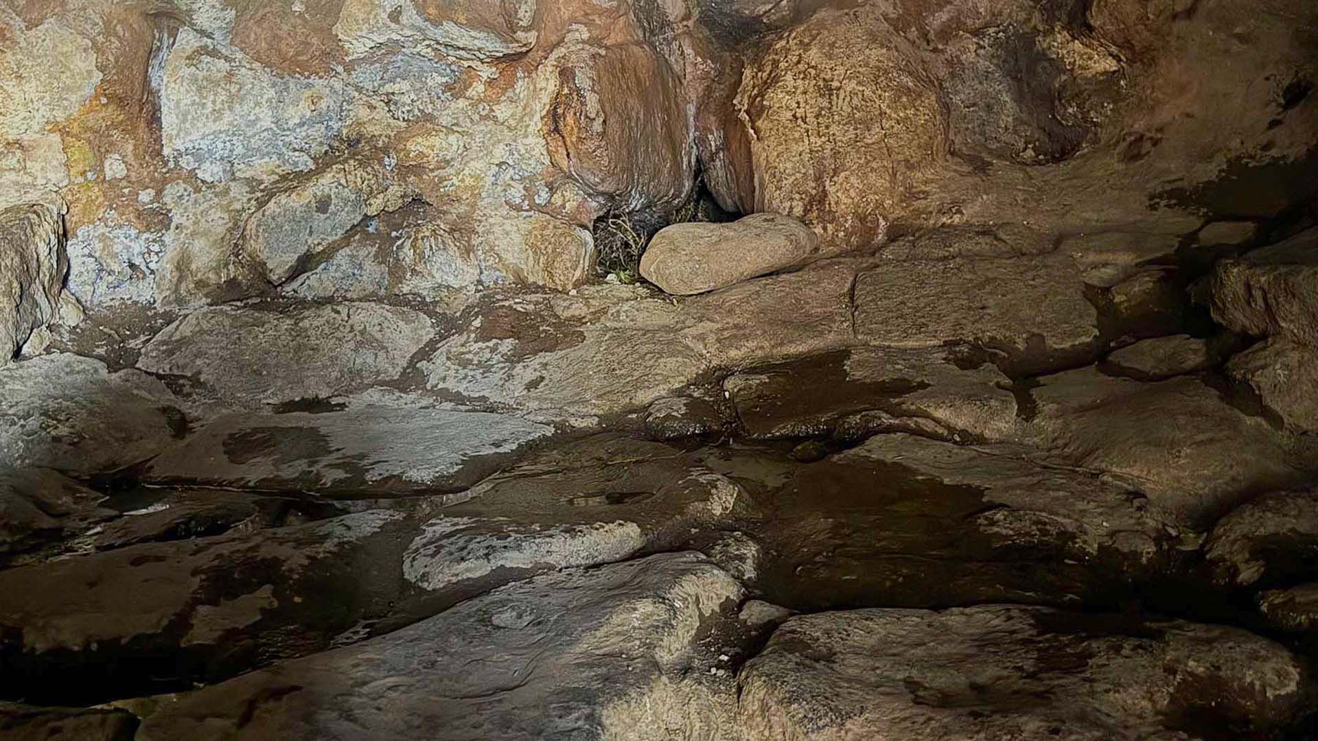 Interno umido e roccioso di una grotta a Pantelleria con una piccola pozza d'acqua scura.