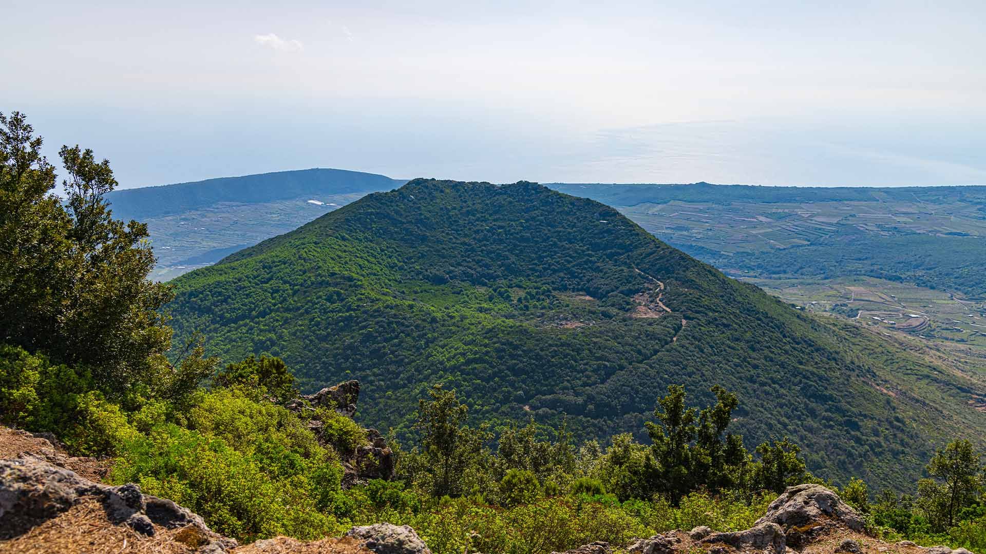 Vista panoramica del Monte Gibele, vulcano spento ricoperto di vegetazione a Pantelleria, con il mare sullo sfondo.