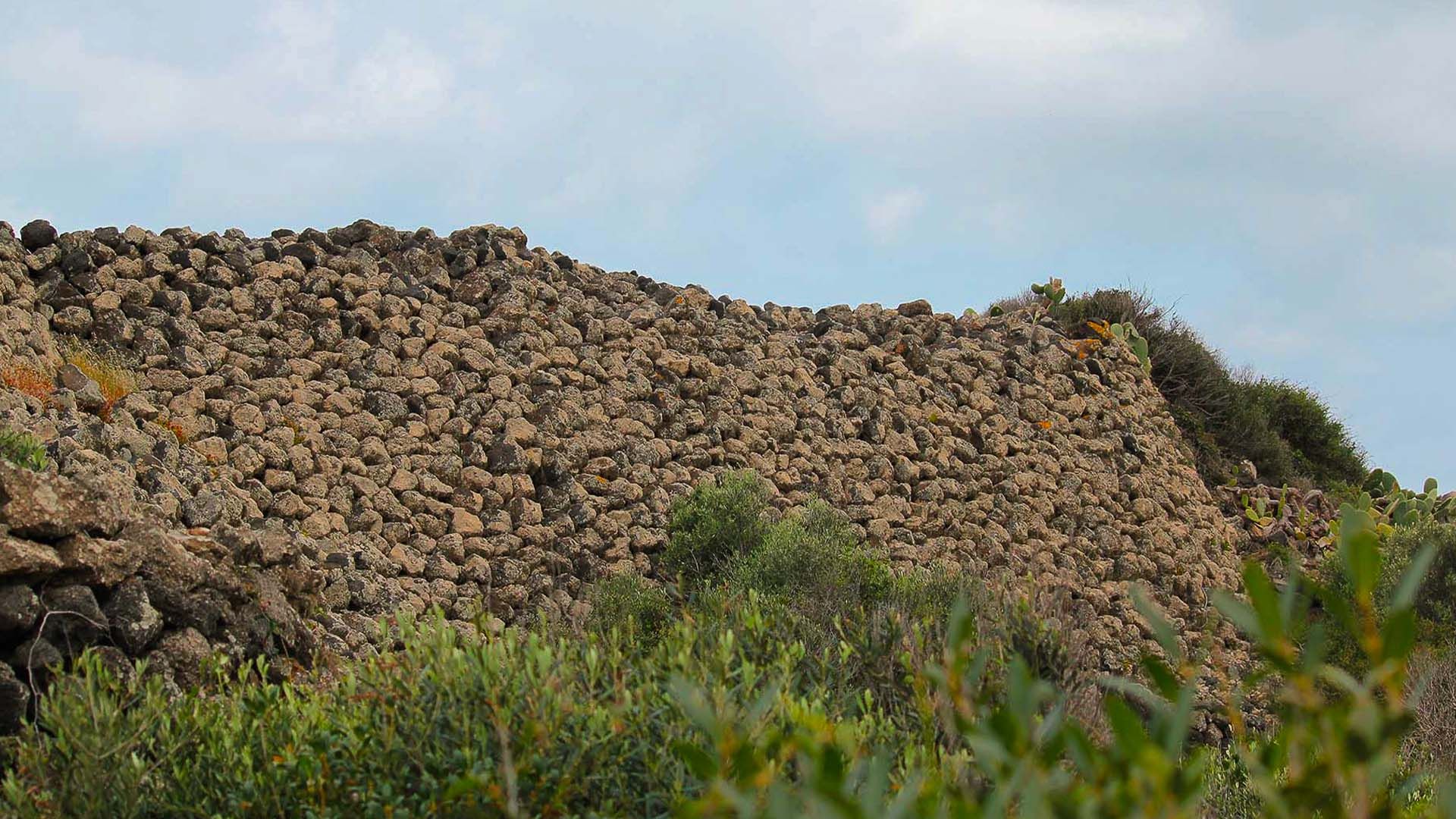 Alto muretto a secco in pietra lavica che delimita un terreno coltivato a Pantelleria con vegetazione mediterranea.